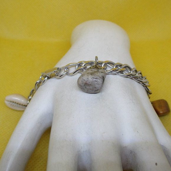 Vintage CHARM BRACELET Silver-Tone Flat Chain Link Charm Bracelet Tiger Eye Gem - Picture 4 of 10